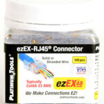 Upgrade your network with ease using the Platinum Tools 202048J 100-piece jar of ezEX48 ezEX-RJ45 Pass-Through Connectors. Designed for Cat6A and large Cat6 cables, these connectors offer superior performance and durability for 10 Gigabit Ethernet speeds and PoE applications. Verify the color sequence before crimping with the one-piece design and reduce crosstalk with the integrated spacing matrix. Compatible with the Platinum Tools EXO Crimp Frame and EXO-EX Die for easy termination. Order now for reliable and efficient network connections!