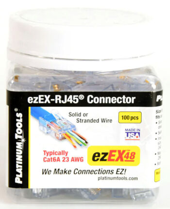 Platinum_Tools_202048J_100_Piece_Jar_of_ezEX48_Pass_Through_Connectors_for_Cat6A_and_Large_Cat6_Cables_Box Upgrade your network with ease using the Platinum Tools 202048J 100-piece jar of ezEX48 ezEX-RJ45 Pass-Through Connectors. Designed for Cat6A and large Cat6 cables, these connectors offer superior performance and durability for 10 Gigabit Ethernet speeds and PoE applications. Verify the color sequence before crimping with the one-piece design and reduce crosstalk with the integrated spacing matrix. Compatible with the Platinum Tools EXO Crimp Frame and EXO-EX Die for easy termination. Order now for reliable and efficient network connections!