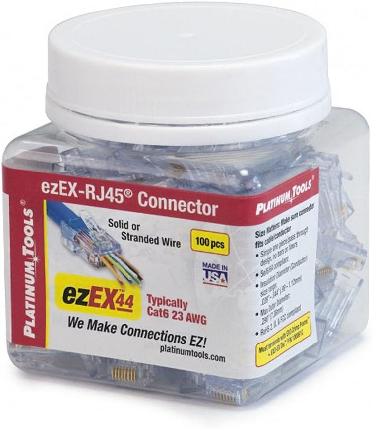 Upgrade your network with ease using the Platinum Tools ezEX44 Pass-Through RJ45 Connector. Designed for Cat6 cabling, these high-performance modular plugs accommodate various insulation diameters and support up to 10 gigabits. Easily verify color sequence and minimize near-end crosstalk for optimal data transmission. Requires matching crimp frame and die set. Fully certified for peace of mind.