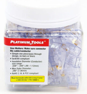 Upgrade your network with ease using the Platinum Tools ezEX44 Pass-Through RJ45 Connector. Designed for Cat6 cabling, these high-performance modular plugs accommodate various insulation diameters and support up to 10 gigabits. Easily verify color sequence and minimize near-end crosstalk for optimal data transmission. Requires matching crimp frame and die set. Fully certified for peace of mind.