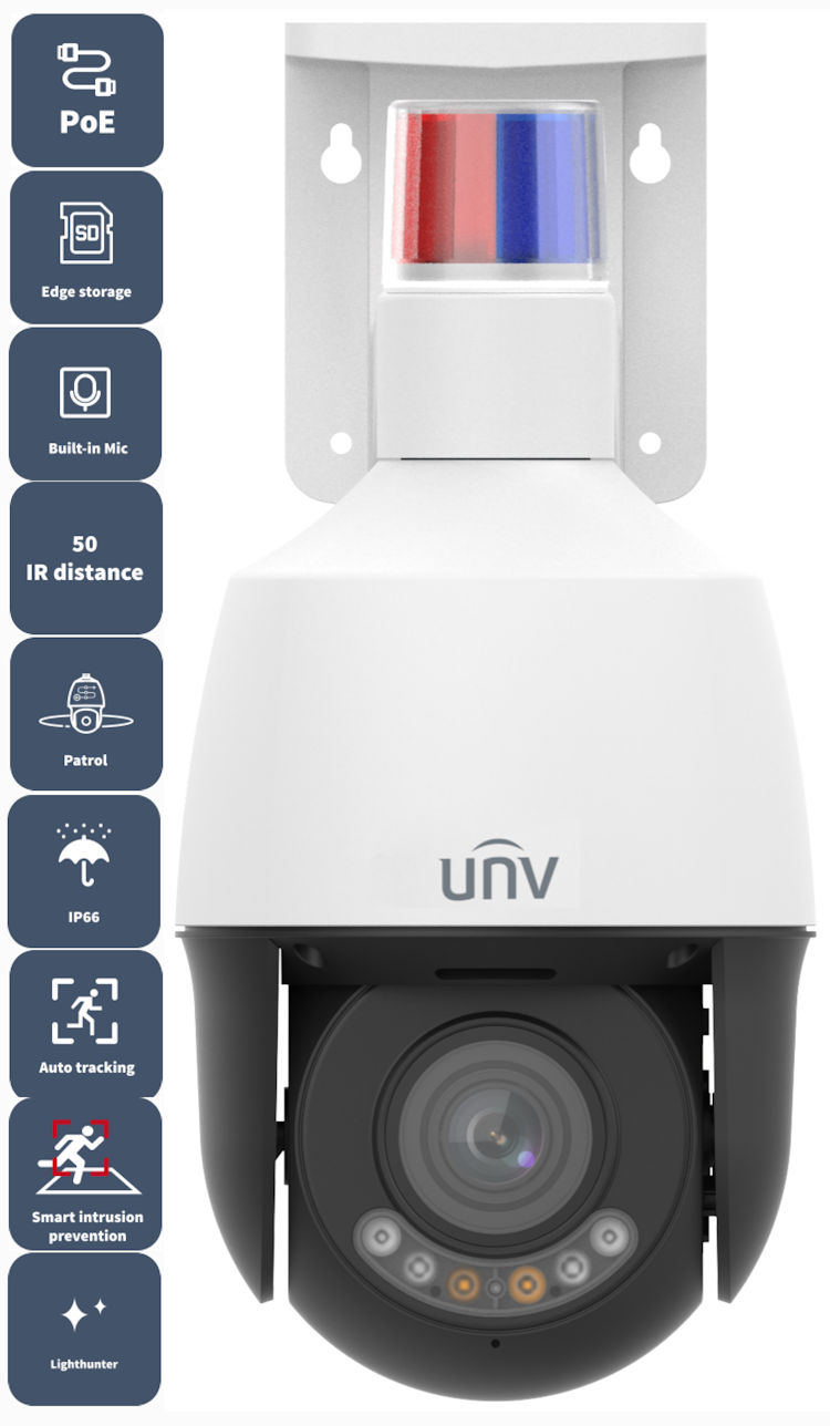 Secure your property with the Uniview IPC6325LFW-AX5C-VG, a high-performance 5MP mini PTZ camera featuring AI, dual-light night vision, and proactive deterrence. With 5x optical zoom and smart intrusion prevention, it captures clear color imagery even in low light. Perfect for outdoor and large indoor perimeters, this camera is also NDAA compliant for government installations.