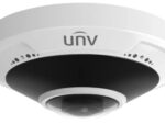 Uniview IPC815SR-DVPF14, a 5MP panoramic network camera with a 360° field of view. Features Smart IR, 2-way audio, and extreme weather performance. Get crisp footage and save storage space with Ultra 265, H.265, and H.264 compression. Easy integration with ONVIF and PoE or 12V DC power options. IP66 and IK10 certified for durability. Protect your space with just one device.