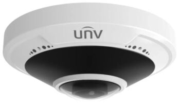 Uniview IPC815SR-DVPF14, a 5MP panoramic network camera with a 360° field of view. Features Smart IR, 2-way audio, and extreme weather performance. Get crisp footage and save storage space with Ultra 265, H.265, and H.264 compression. Easy integration with ONVIF and PoE or 12V DC power options. IP66 and IK10 certified for durability. Protect your space with just one device.