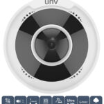 Uniview IPC815SR-DVPF14, a 5MP panoramic network camera with a 360° field of view. Features Smart IR, 2-way audio, and extreme weather performance. Get crisp footage and save storage space with Ultra 265, H.265, and H.264 compression. Easy integration with ONVIF and PoE or 12V DC power options. IP66 and IK10 certified for durability. Protect your space with just one device.