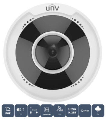 Uniview IPC815SR-DVPF14, a 5MP panoramic network camera with a 360° field of view. Features Smart IR, 2-way audio, and extreme weather performance. Get crisp footage and save storage space with Ultra 265, H.265, and H.264 compression. Easy integration with ONVIF and PoE or 12V DC power options. IP66 and IK10 certified for durability. Protect your space with just one device.