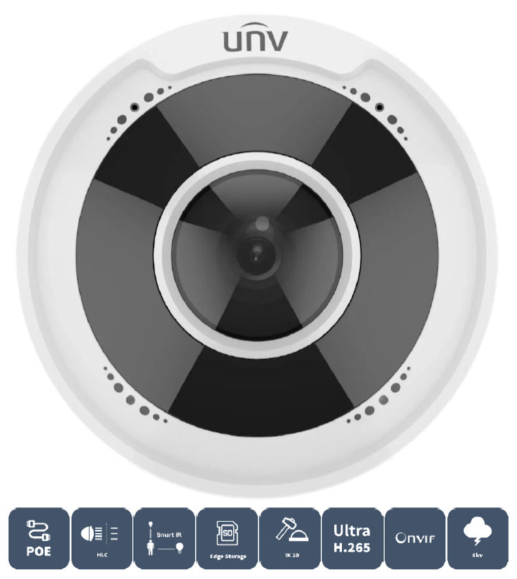 Uniview IPC815SR-DVPF14, a 5MP panoramic network camera with a 360° field of view. Features Smart IR, 2-way audio, and extreme weather performance. Get crisp footage and save storage space with Ultra 265, H.265, and H.264 compression. Easy integration with ONVIF and PoE or 12V DC power options. IP66 and IK10 certified for durability. Protect your space with just one device.