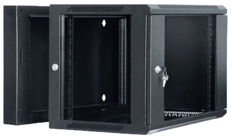 Securely store and organize your network equipment with the Collsam RA-AS06-04-12 lockable rack mount cabinet. Versatile design for wall or flat surface setup, with customizable door and ventilation options. Easy equipment maintenance with a quick-open door and grounding earth kit included.