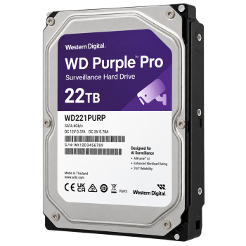 Western Digital WD221PURP 22TB Purple Pro hard drive right-side view