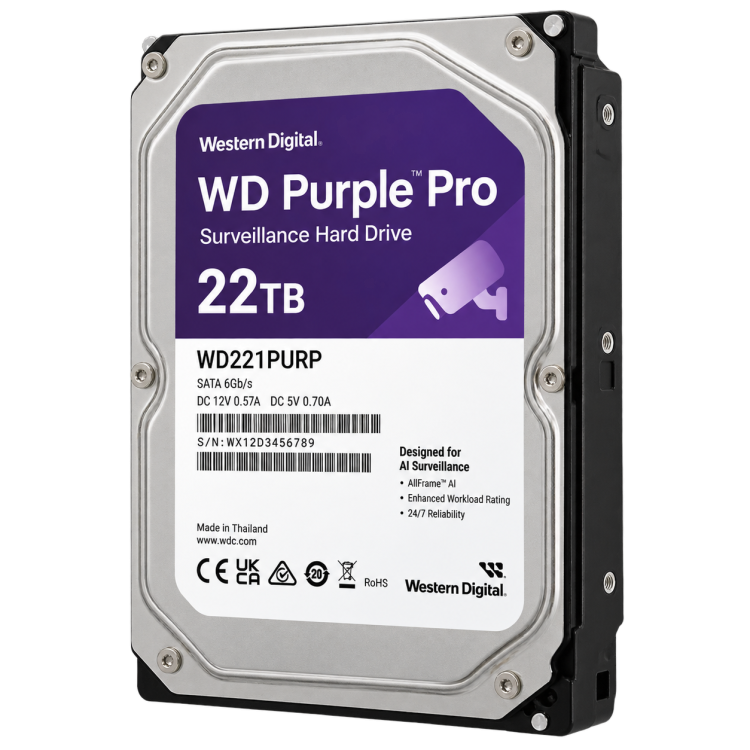 Western Digital WD221PURP 22TB Purple Pro hard drive right-side view