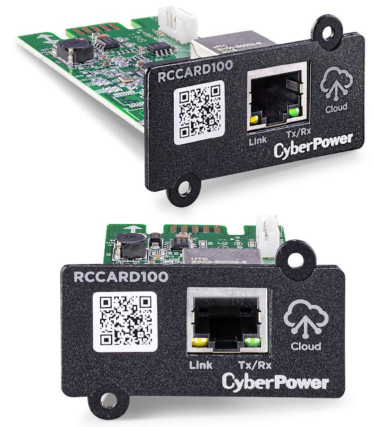 The CyberPower RCCARD100 is an optional hardware management adapter designed to provide remote cloud-based monitoring for compatible CyberPower Uninterruptible Power Supply (UPS) systems. By sliding the CyberPower RCCARD100 into the dedicated expansion slot of your UPS, you can link the hardware to the CyberPower PowerPanel Cloud infrastructure to check vitals from any web browser or mobile application. Built-in 10/100 Mbps RJ45 Ethernet port for wired network infrastructure connection.