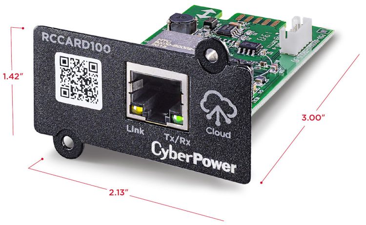 The CyberPower RCCARD100 is an optional hardware management adapter designed to provide remote cloud-based monitoring for compatible CyberPower Uninterruptible Power Supply (UPS) systems. By sliding the CyberPower RCCARD100 into the dedicated expansion slot of your UPS, you can link the hardware to the CyberPower PowerPanel Cloud infrastructure to check vitals from any web browser or mobile application. Built-in 10/100 Mbps RJ45 Ethernet port for wired network infrastructure connection.