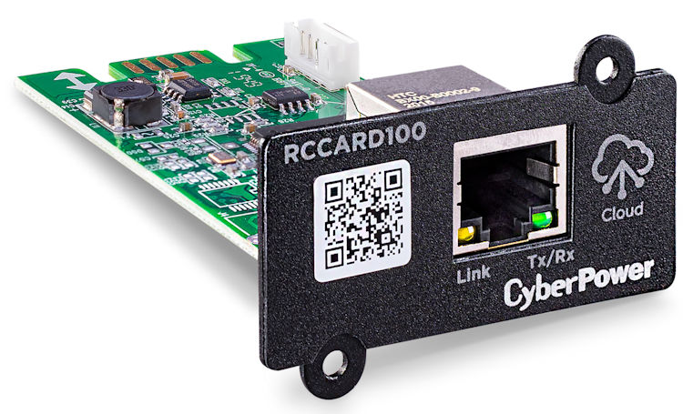 The CyberPower RCCARD100 is an optional hardware management adapter designed to provide remote cloud-based monitoring for compatible CyberPower Uninterruptible Power Supply (UPS) systems. By sliding the CyberPower RCCARD100 into the dedicated expansion slot of your UPS, you can link the hardware to the CyberPower PowerPanel Cloud infrastructure to check vitals from any web browser or mobile application. Built-in 10/100 Mbps RJ45 Ethernet port for wired network infrastructure connection.