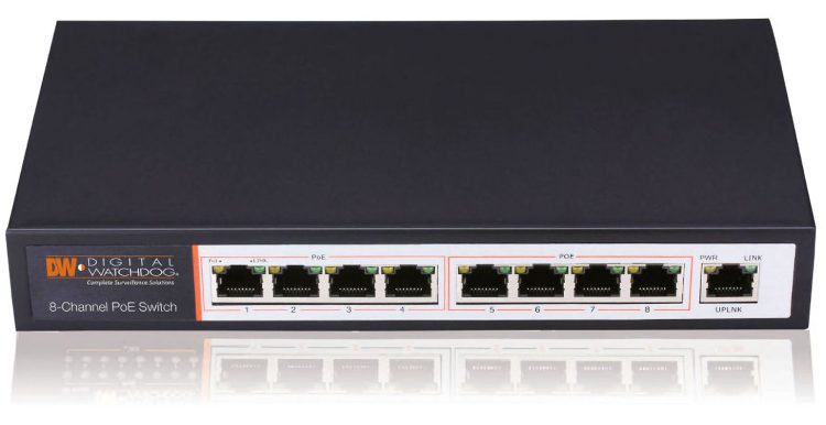 Digital Watchdog DW-POE896M 8-port PoE switch powers IP cameras, APs, and VoIP devices with plug-and-play simplicity designed to simplify the installation of IP surveillance cameras, wireless access points, and VoIP hardware EEE 802.3 10Base-T, IEEE 802.3u 100Base-TX, IEEE 802.3af, EEE 802.3x Flow Control.