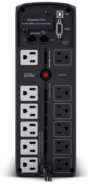CyberPower CP1500PFCLCD UPS delivers AVR, LCD monitoring, and surge protection for PCs and networks, 1500 VA / 1000 Watts capacity, Pure Sine Wave 12 total NEMA 5-15R Outlets (6 battery backup & surge, 6 surge-only), ~2.5 minutes at full load; ~10 minutes at half load Runtime.