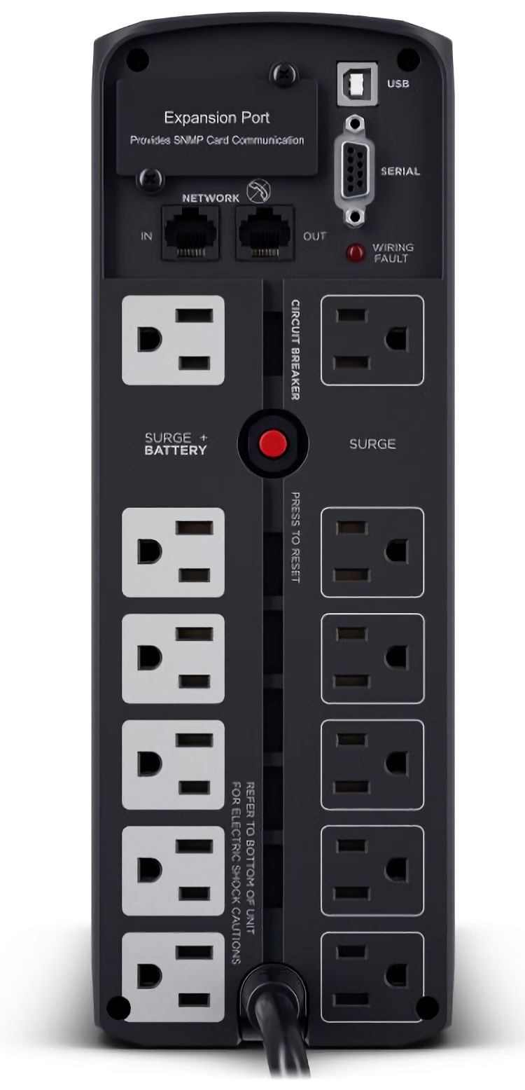 CyberPower CP1500PFCLCD UPS delivers AVR, LCD monitoring, and surge protection for PCs and networks, 1500 VA / 1000 Watts capacity, Pure Sine Wave 12 total NEMA 5-15R Outlets (6 battery backup & surge, 6 surge-only), ~2.5 minutes at full load; ~10 minutes at half load Runtime.
