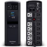 CyberPower CP1500PFCLCD UPS delivers AVR, LCD monitoring, and surge protection for PCs and networks, 1500 VA / 1000 Watts capacity, Pure Sine Wave 12 total NEMA 5-15R Outlets (6 battery backup & surge, 6 surge-only), ~2.5 minutes at full load; ~10 minutes at half load Runtime.