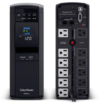 CyberPower CP1500PFCLCD UPS delivers AVR, LCD monitoring, and surge protection for PCs and networks, 1500 VA / 1000 Watts capacity, Pure Sine Wave 12 total NEMA 5-15R Outlets (6 battery backup & surge, 6 surge-only), ~2.5 minutes at full load; ~10 minutes at half load Runtime.