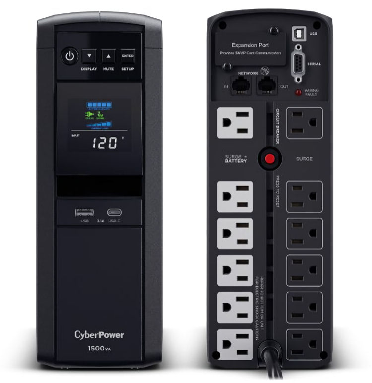 CyberPower CP1500PFCLCD UPS delivers AVR, LCD monitoring, and surge protection for PCs and networks, 1500 VA / 1000 Watts capacity, Pure Sine Wave 12 total NEMA 5-15R Outlets (6 battery backup & surge, 6 surge-only), ~2.5 minutes at full load; ~10 minutes at half load Runtime.