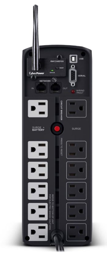 CyberPower CP1500PFCLCD UPS delivers AVR, LCD monitoring, and surge protection for PCs and networks, 1500 VA / 1000 Watts capacity, Pure Sine Wave 12 total NEMA 5-15R Outlets (6 battery backup & surge, 6 surge-only), ~2.5 minutes at full load; ~10 minutes at half load Runtime.