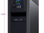 CyberPower CP1500PFCLCD UPS delivers AVR, LCD monitoring, and surge protection for PCs and networks, 1500 VA / 1000 Watts capacity, Pure Sine Wave 12 total NEMA 5-15R Outlets (6 battery backup & surge, 6 surge-only), ~2.5 minutes at full load; ~10 minutes at half load Runtime.