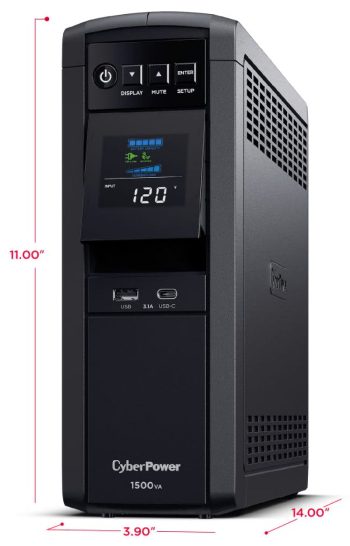 CyberPower CP1500PFCLCD UPS delivers AVR, LCD monitoring, and surge protection for PCs and networks, 1500 VA / 1000 Watts capacity, Pure Sine Wave 12 total NEMA 5-15R Outlets (6 battery backup & surge, 6 surge-only), ~2.5 minutes at full load; ~10 minutes at half load Runtime.