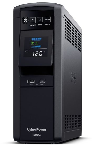 CyberPower CP1500PFCLCD UPS delivers AVR, LCD monitoring, and surge protection for PCs and networks, 1500 VA / 1000 Watts capacity, Pure Sine Wave 12 total NEMA 5-15R Outlets (6 battery backup & surge, 6 surge-only), ~2.5 minutes at full load; ~10 minutes at half load Runtime.