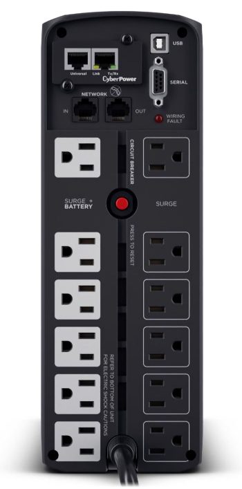 CyberPower CP1500PFCLCD UPS delivers AVR, LCD monitoring, and surge protection for PCs and networks, 1500 VA / 1000 Watts capacity, Pure Sine Wave 12 total NEMA 5-15R Outlets (6 battery backup & surge, 6 surge-only), ~2.5 minutes at full load; ~10 minutes at half load Runtime.