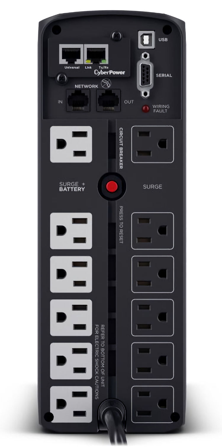 CyberPower CP1500PFCLCD UPS delivers AVR, LCD monitoring, and surge protection for PCs and networks, 1500 VA / 1000 Watts capacity, Pure Sine Wave 12 total NEMA 5-15R Outlets (6 battery backup & surge, 6 surge-only), ~2.5 minutes at full load; ~10 minutes at half load Runtime.