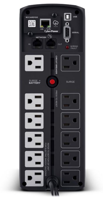 CyberPower CP1500PFCLCD UPS delivers AVR, LCD monitoring, and surge protection for PCs and networks, 1500 VA / 1000 Watts capacity, Pure Sine Wave 12 total NEMA 5-15R Outlets (6 battery backup & surge, 6 surge-only), ~2.5 minutes at full load; ~10 minutes at half load Runtime.