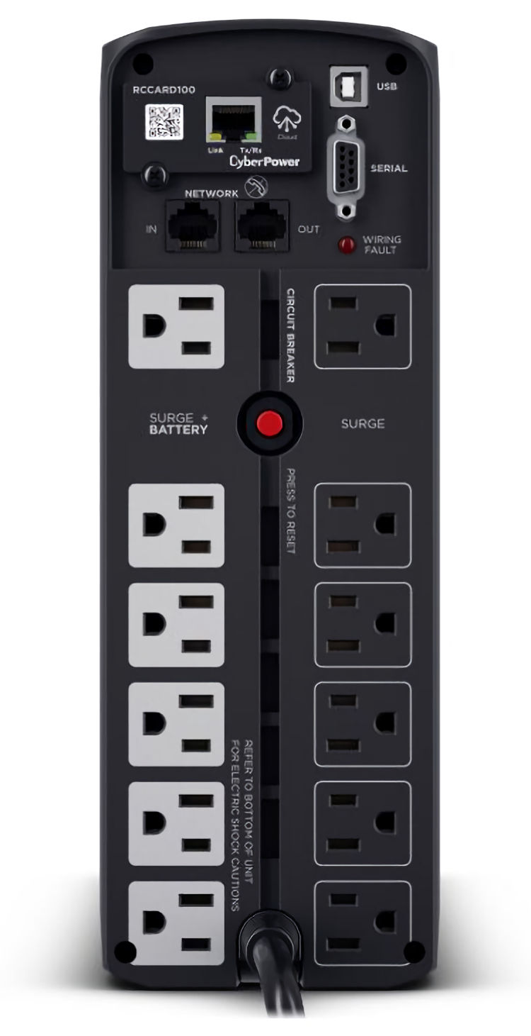 CyberPower CP1500PFCLCD UPS delivers AVR, LCD monitoring, and surge protection for PCs and networks, 1500 VA / 1000 Watts capacity, Pure Sine Wave 12 total NEMA 5-15R Outlets (6 battery backup & surge, 6 surge-only), ~2.5 minutes at full load; ~10 minutes at half load Runtime.