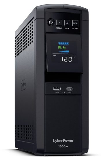 CyberPower CP1500PFCLCD UPS delivers AVR, LCD monitoring, and surge protection for PCs and networks, 1500 VA / 1000 Watts capacity, Pure Sine Wave 12 total NEMA 5-15R Outlets (6 battery backup & surge, 6 surge-only), ~2.5 minutes at full load; ~10 minutes at half load Runtime.