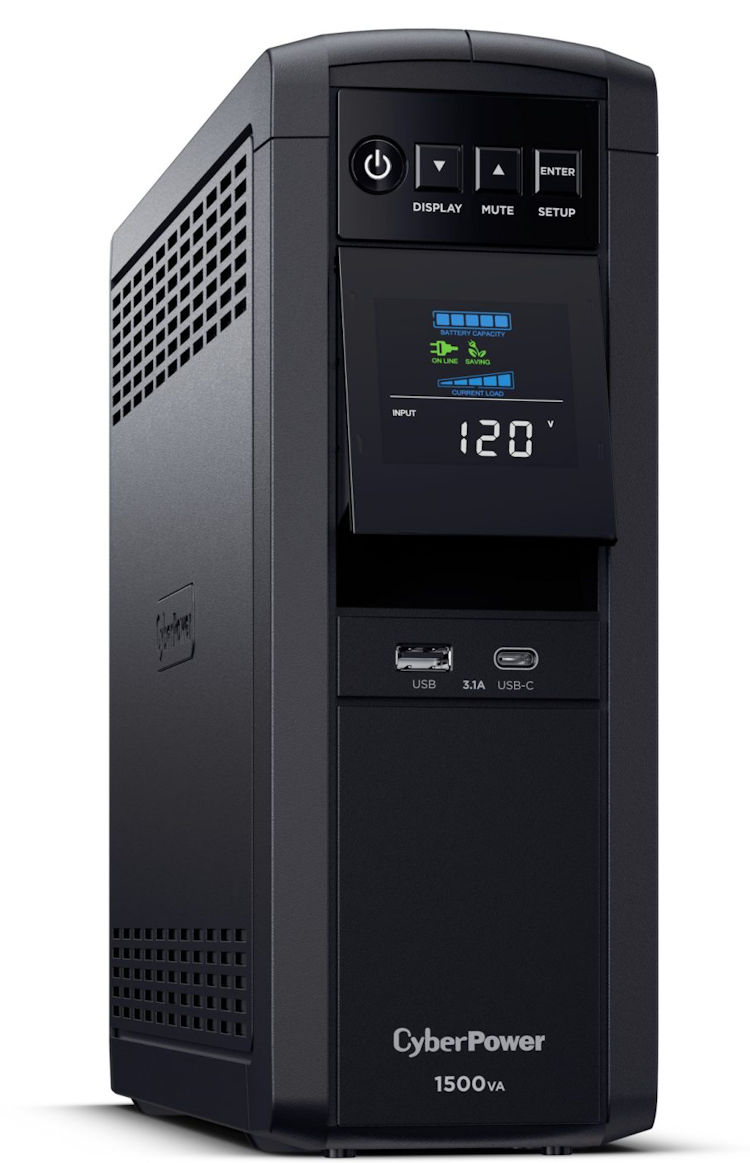 CyberPower CP1500PFCLCD UPS delivers AVR, LCD monitoring, and surge protection for PCs and networks, 1500 VA / 1000 Watts capacity, Pure Sine Wave 12 total NEMA 5-15R Outlets (6 battery backup & surge, 6 surge-only), ~2.5 minutes at full load; ~10 minutes at half load Runtime.