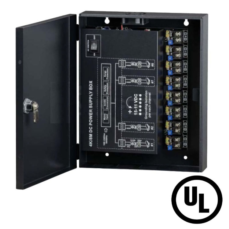 The TR-CU12VDC08P16A is a professional-grade CCTV power supply distribution box from UNL. It is made to supply stable power for 4K high-resolution surveillance systems. Designed to simplify complex security installations, it combines multiple camera power connections into one centralized unit. This helps create a cleaner, more organized setup while also improving overall system management.