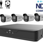 The Uniview 4-channel 4-megapixel PoE security system is equipped with a 1 TB HDD, 4 bullet cameras, Smart IR, the EZVIEW app, and an effortless plug-and-play setup.