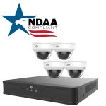 Uniview EK-S31P4D44T1-V2 4-channel 4MP IP security kit with PoE NVR, 4 dome cameras, 1 TB HDD, Smart IR, NDAA compliant.