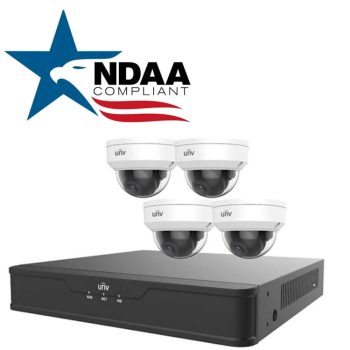 Uniview EK-S31P4D44T1-V2 4-channel 4MP IP security kit with PoE NVR, 4 dome cameras, 1 TB HDD, Smart IR, NDAA compliant.