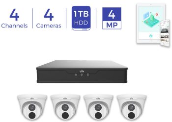 Uniview_EK-S31P4D44T1-V3_4_x_4MP_Turret_camera_4K_NVR_1_TB_HDD_Surveillance_Kit Uniview_EK-S31P4D44T1-V3 4-channel plug-and-play IP surveillance kit with 4MP cameras, 1 TB NVR, smart detection, PoE, and mobile app support.