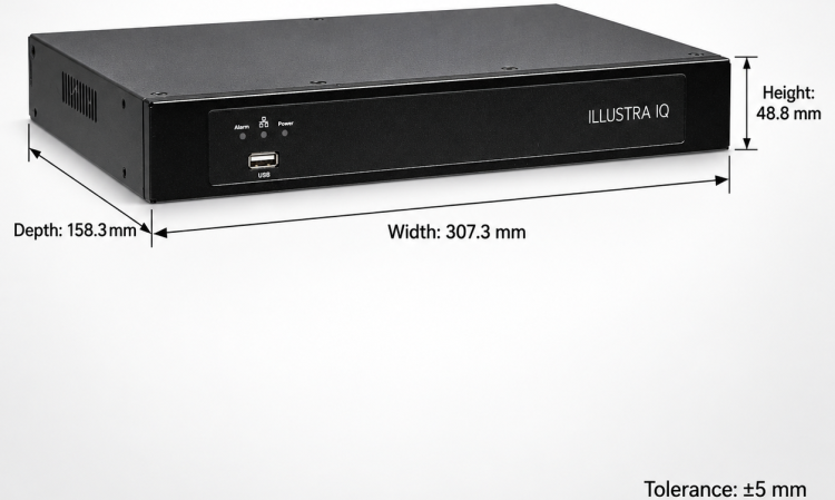 Hardware dimensions: 307.3 mm wide, 158.3 mm deep, and 48.8 mm high
