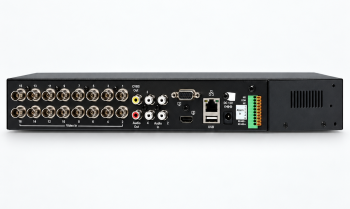 Rear connections on the IEN16-1U encoder with video, audio, network, alarm, and power ports