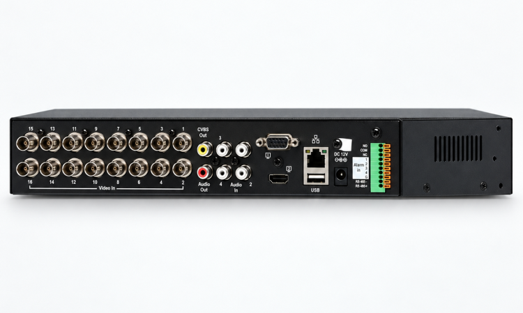 Rear connections on the IEN16-1U encoder with video, audio, network, alarm, and power ports