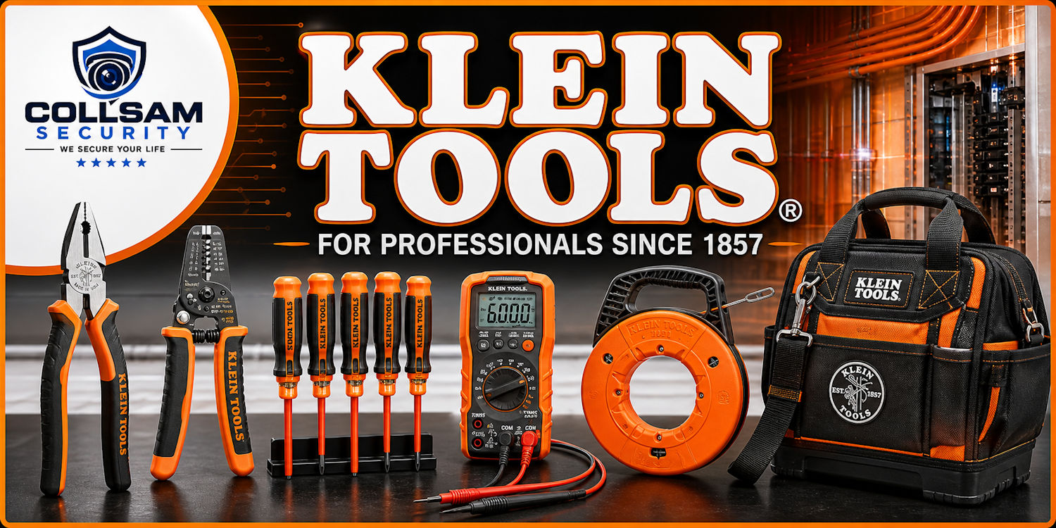 Klein Tools pliers, testers, screwdrivers, fish tape, and tool bag
