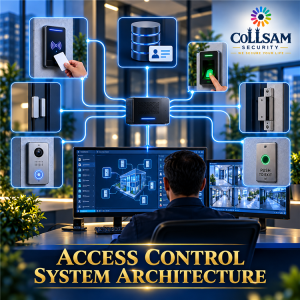 Collsam access control system architecture connecting credentials, readers, controllers, locks, intercoms, and management software.