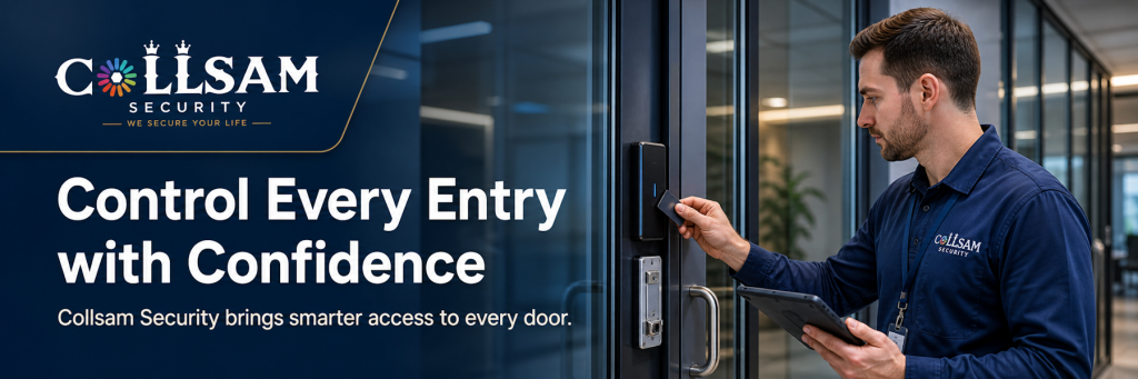 Collsam Security technician commissioning a commercial door access-control reader at a secure glass entrance.
