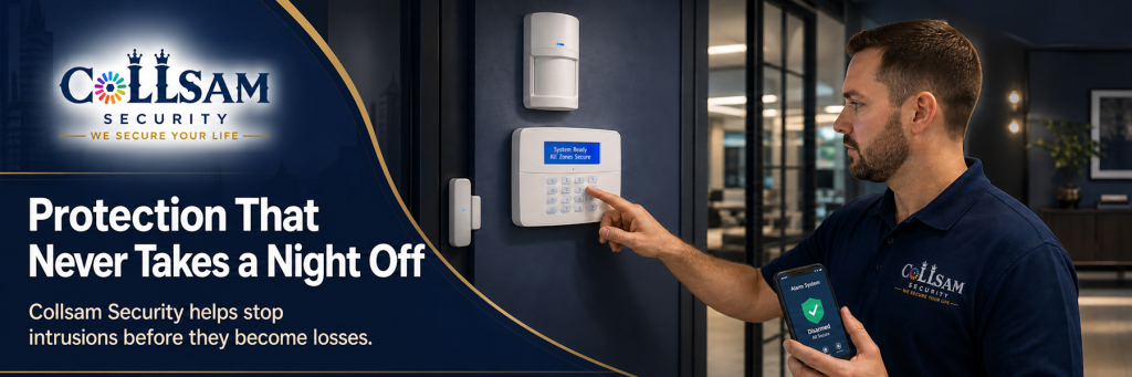 Collsam Security technician testing a burglar alarm keypad, motion detector, door sensor, and mobile security application.