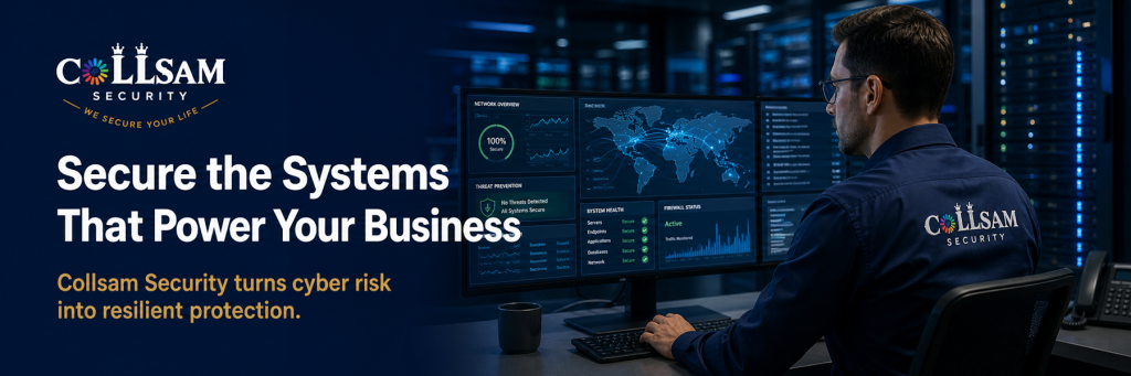 Collsam Security cybersecurity specialists are monitoring secure business networks, firewall status, system health, and threat prevention.