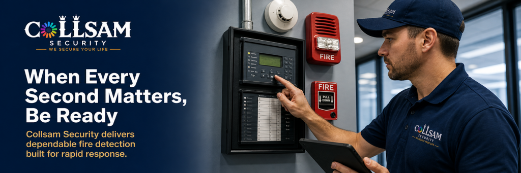 Collsam Security technician testing a commercial fire alarm control panel, smoke detector, horn strobe, and manual pull station.
