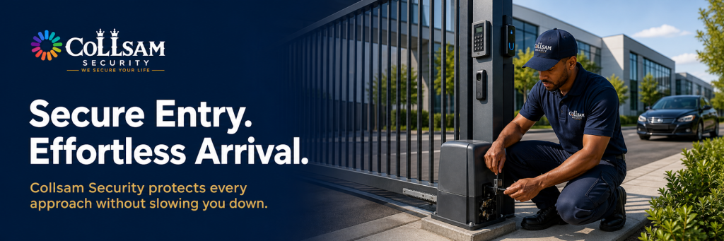 Collsam Security technician commissioning an automated commercial security gate with an access keypad, safety sensor, and gate operator.