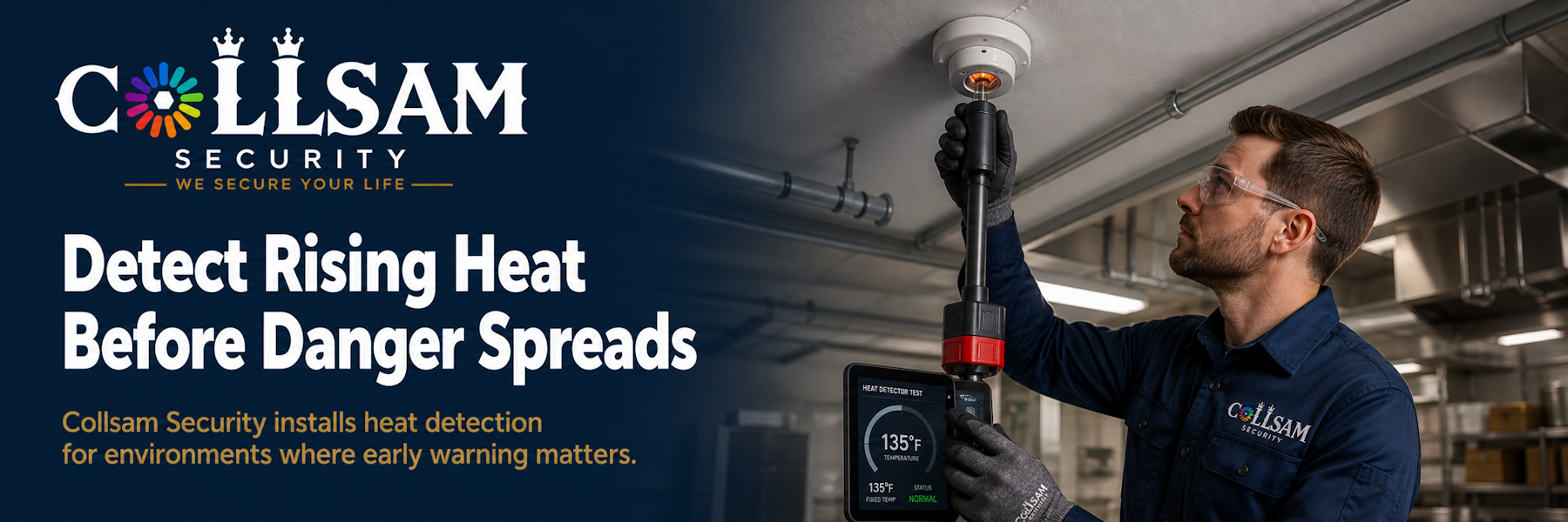 Collsam Security technician installing and testing a commercial heat detector.