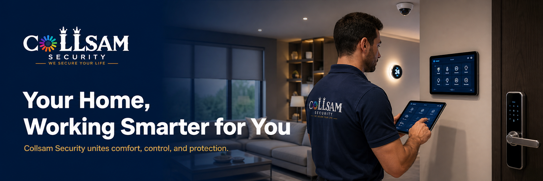 Collsam Security technician configuring an integrated home automation and security system.