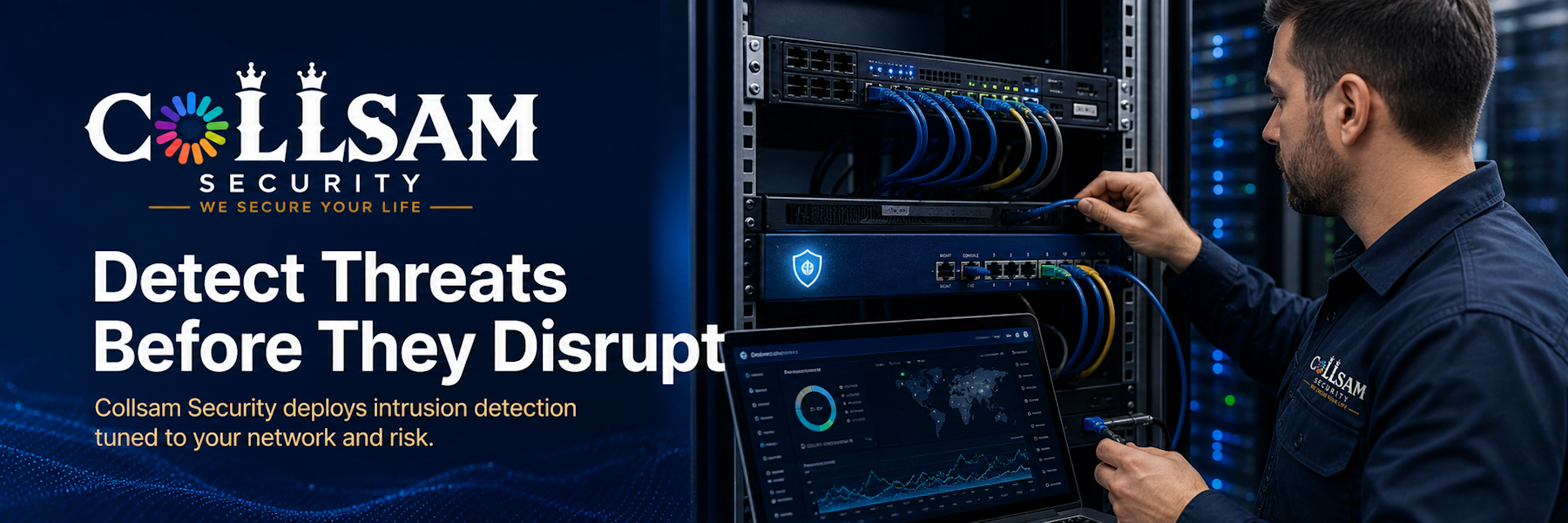 Collsam Security specialist configuring a network intrusion detection system for continuous threat monitoring.